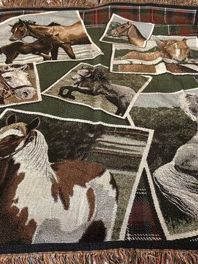 Equestrian Horse Tapestry Throw Blanket - Multi Brown & Green Approx 52x60 inch